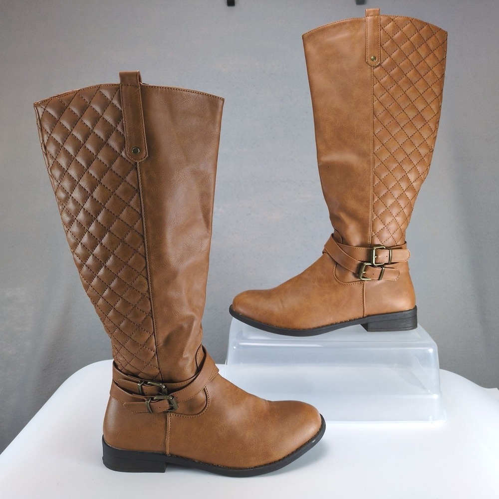Vepose Camel Quilted Riding Boots Womens 8‎ Knee-High Side Zip Buckle Low Heel